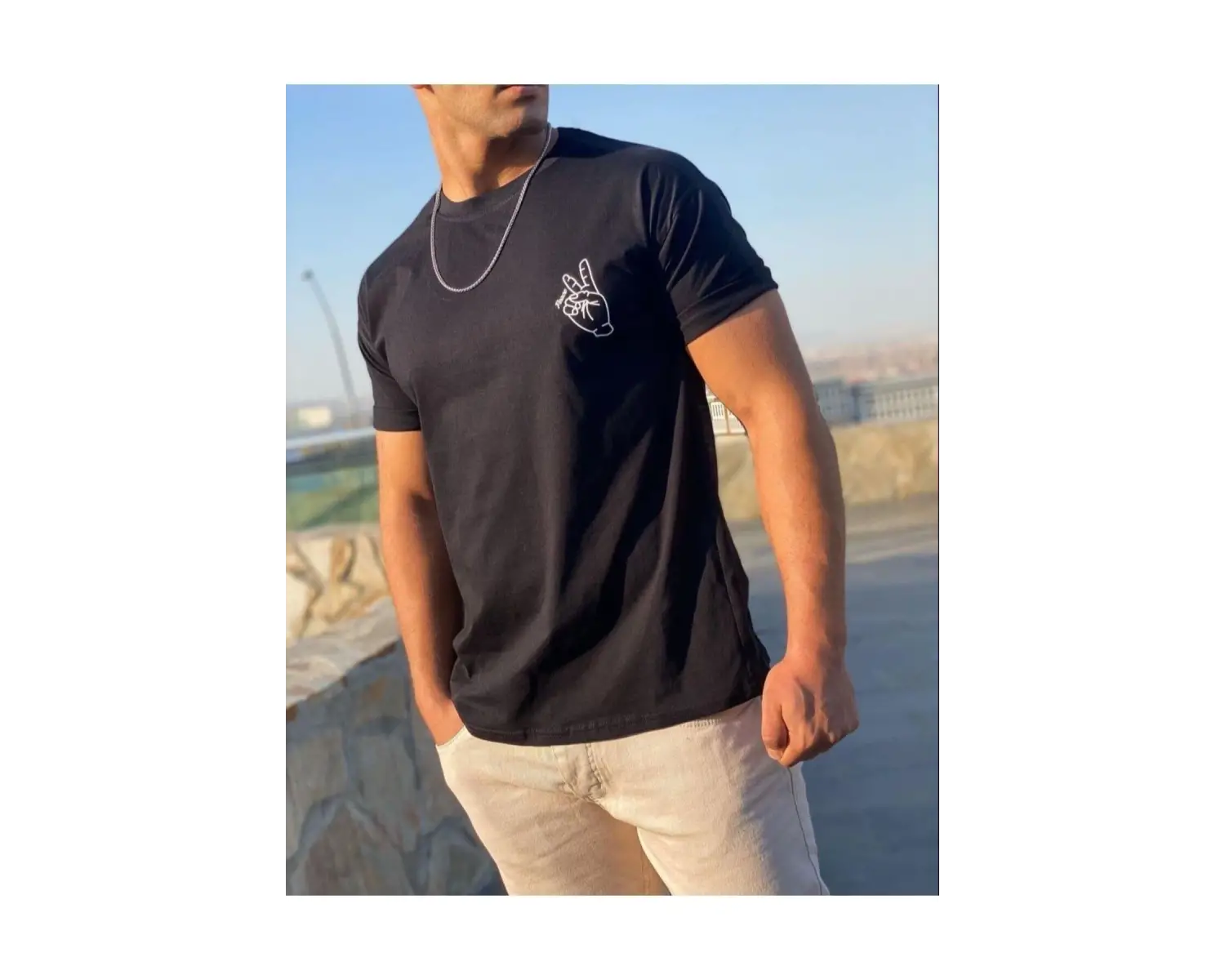 Erkek Siyah Peace Sırt Baskılı Oversize Bisiklet Yaka T-shirt