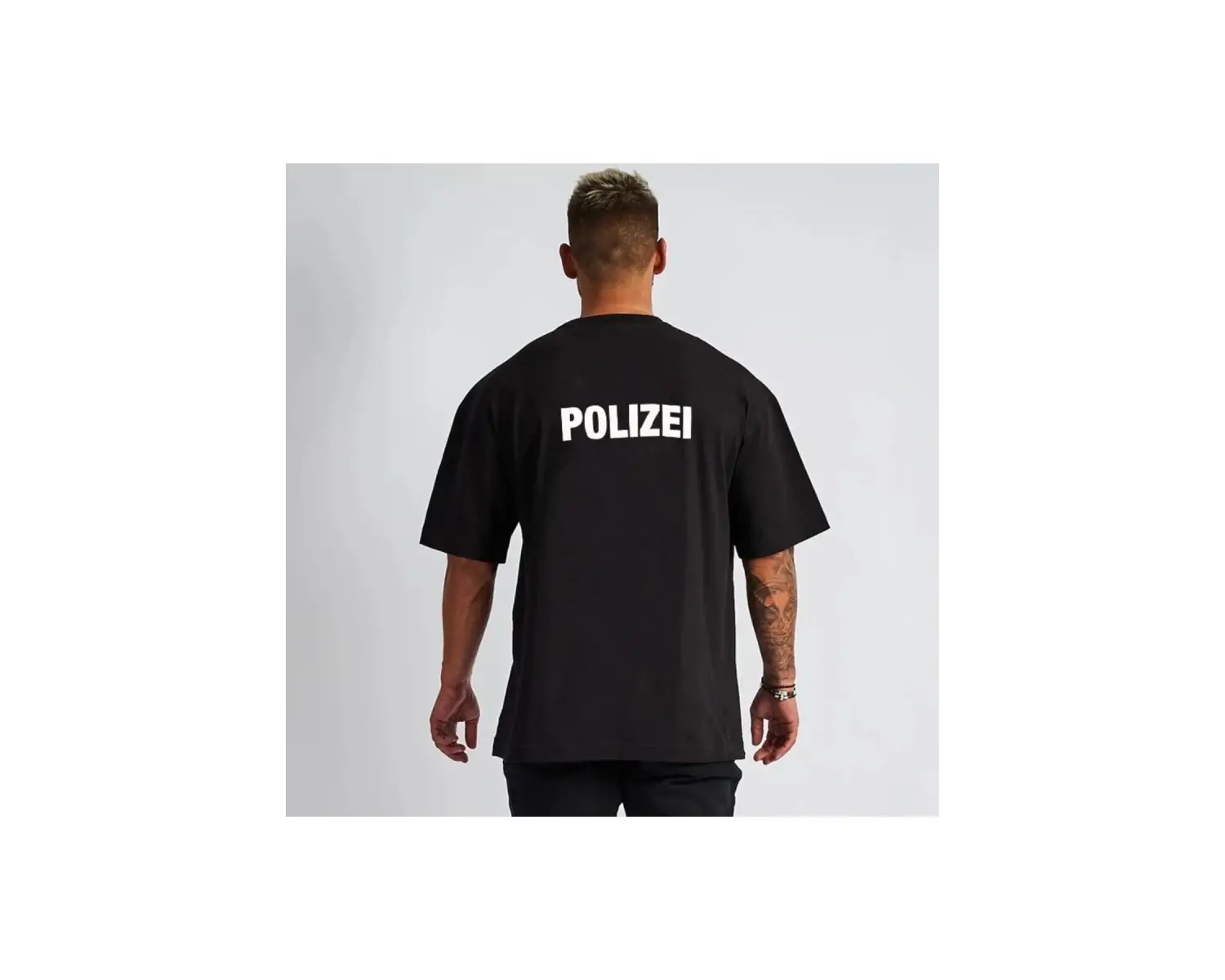 Erkek Siyah Polizai Baskılı Oversize Bisiklet Yaka Tişört