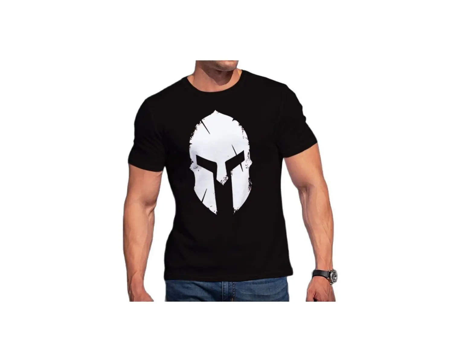 Erkek Siyah Sparthan Baskılı Oversize Bisiklet Yaka Tshirt