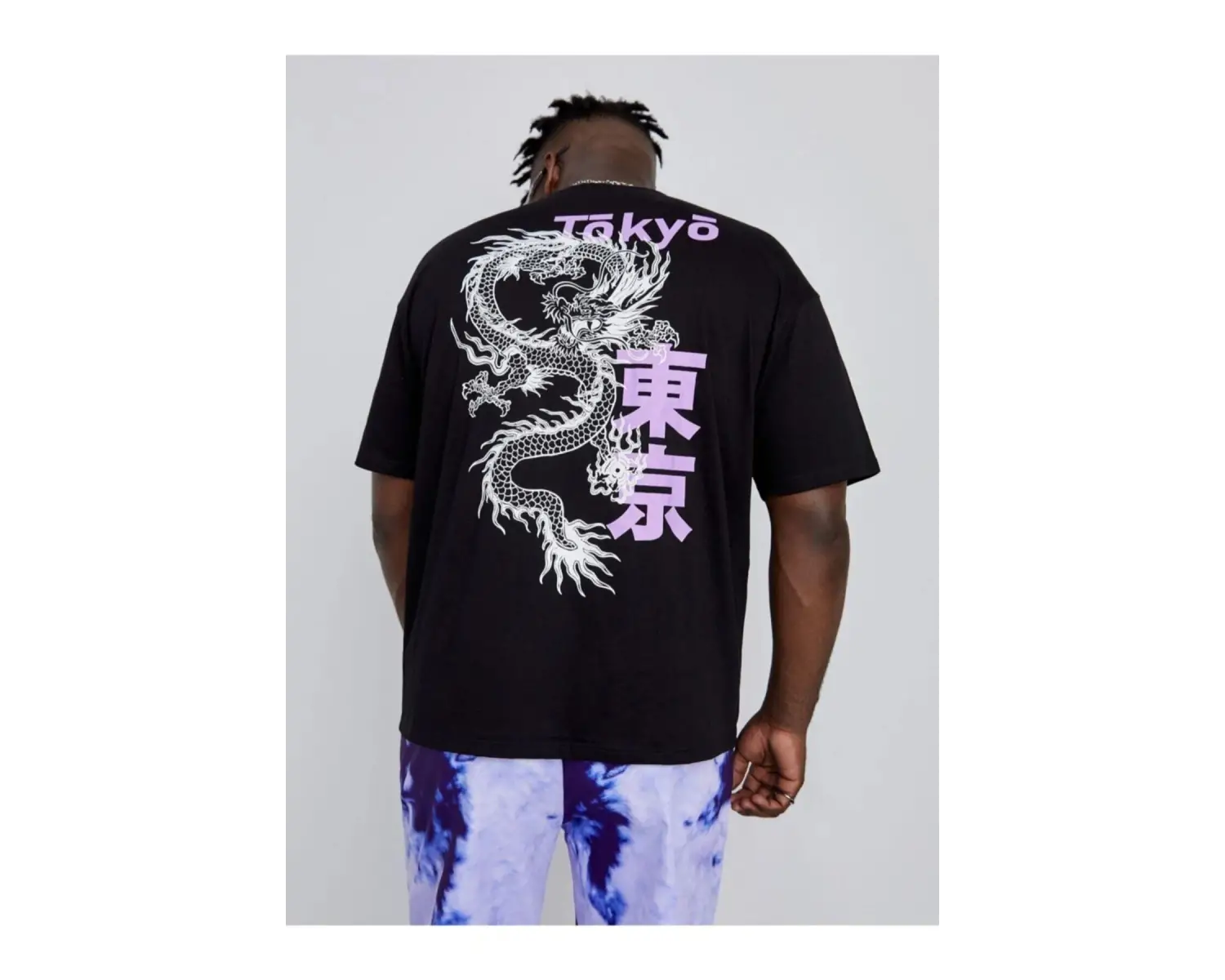 Erkek Siyah Tokyo Ejderha Baskılı Oversize Bisiklet Yaka Tişört