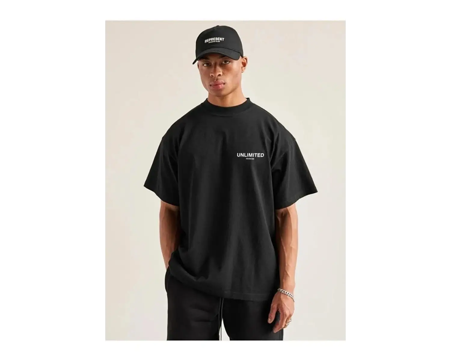 Erkek Siyah Unlımıted Baskılı Oversize Bisiklet Yaka Tshirt