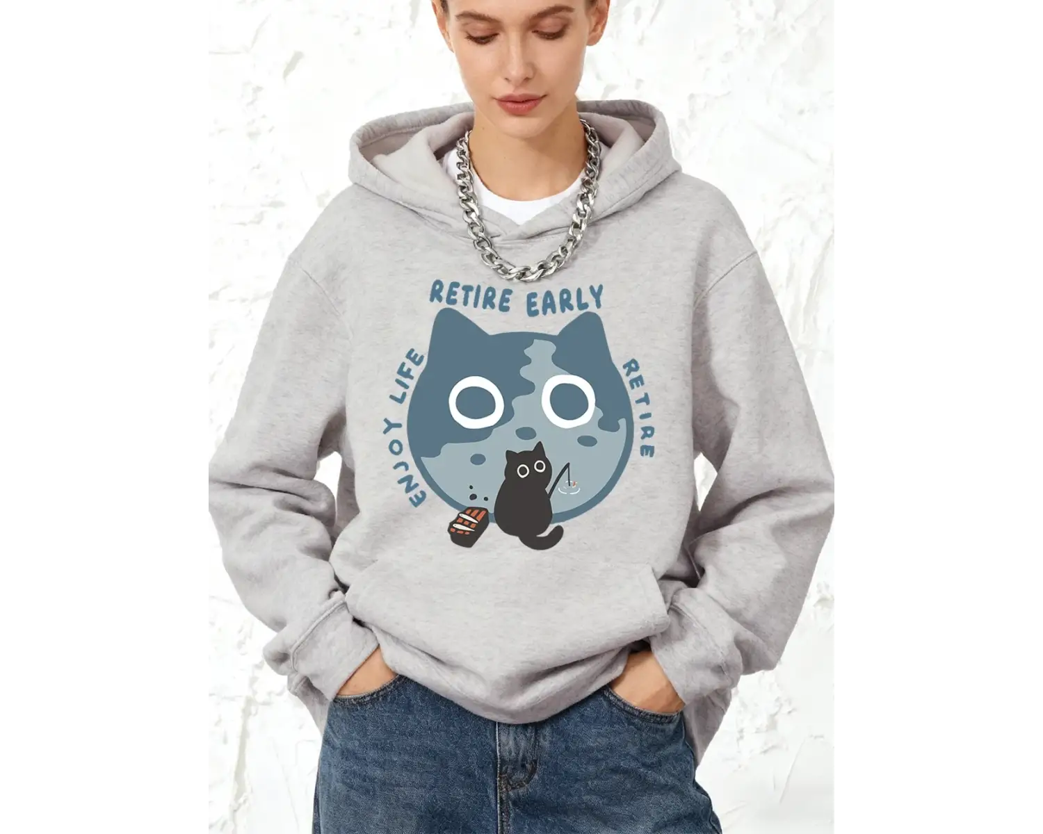 Erken Emeklilik Yaşamın Keyfini Çıkarın Kedi Baskılı Pamuklu Kapüşonlu Kadın Kışlık Cepli Swe