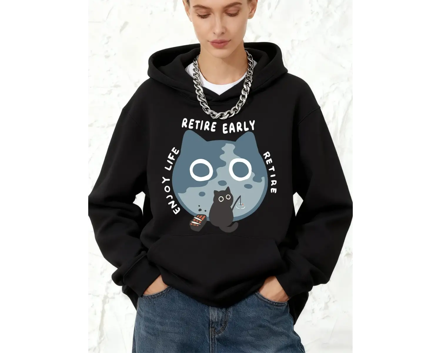 Erken Emeklilik Yaşamın Keyfini Çıkarın Kedi Baskılı Pamuklu Kapüşonlu Kadın Kışlık Cepli Swe