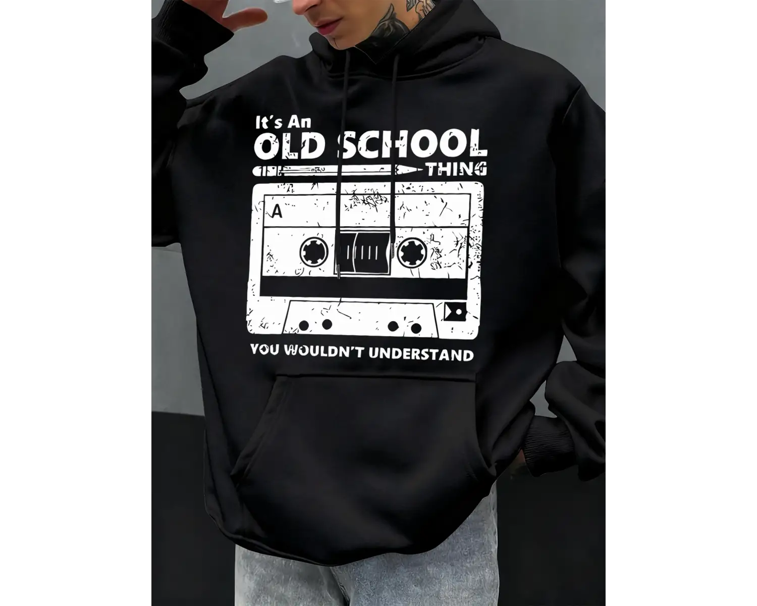 Eski Okul Tarzı Baskılı Erkek Kapüşonlu Sweatshirt Sonbahar Hip Hop Kapüşonlu Günlük Polar Sp