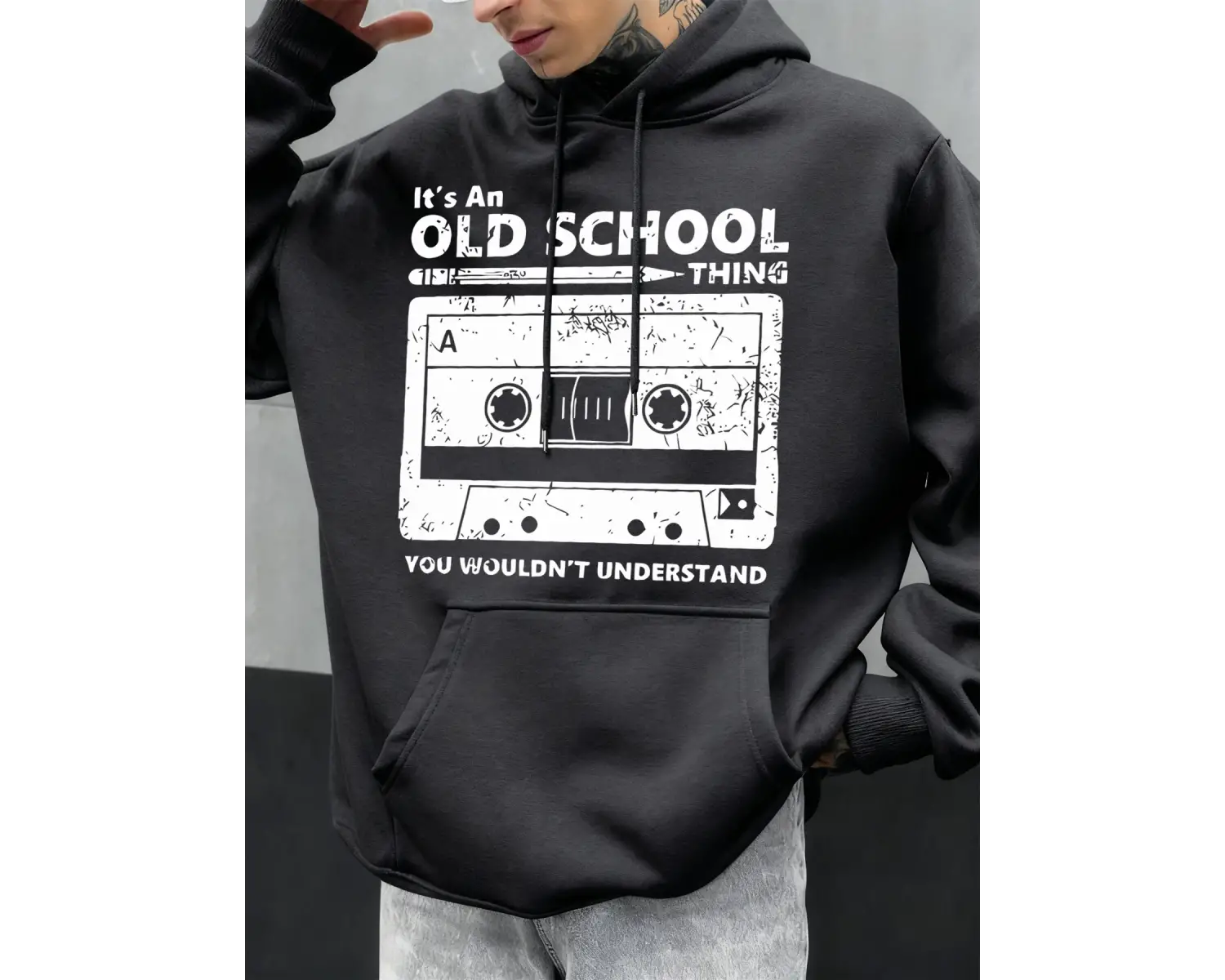 Eski Okul Tarzı Baskılı Erkek Kapüşonlu Sweatshirt Sonbahar Hip Hop Kapüşonlu Günlük Polar Sp