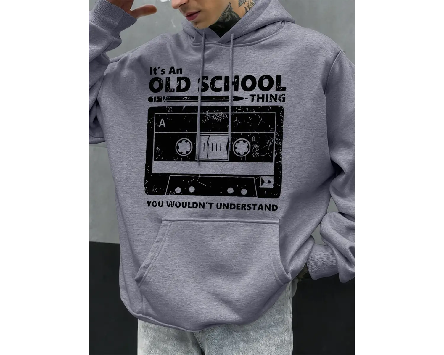 Eski Okul Tarzı Baskılı Erkek Kapüşonlu Sweatshirt Sonbahar Hip Hop Kapüşonlu Günlük Polar Sp