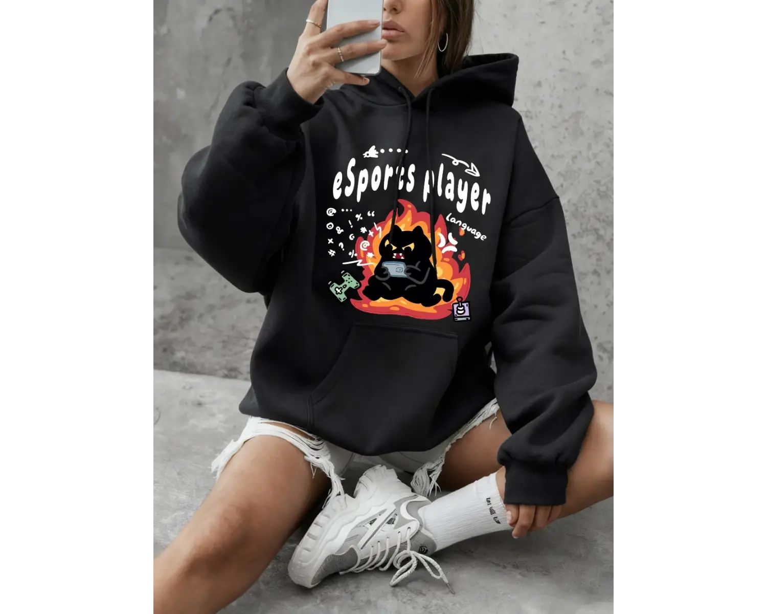 Esports Oyuncu Kedi Baskılı Kapüşonlu Üst Kadın Kışlık Polar Sıcak Sweatshirt Basic Yuvarlak