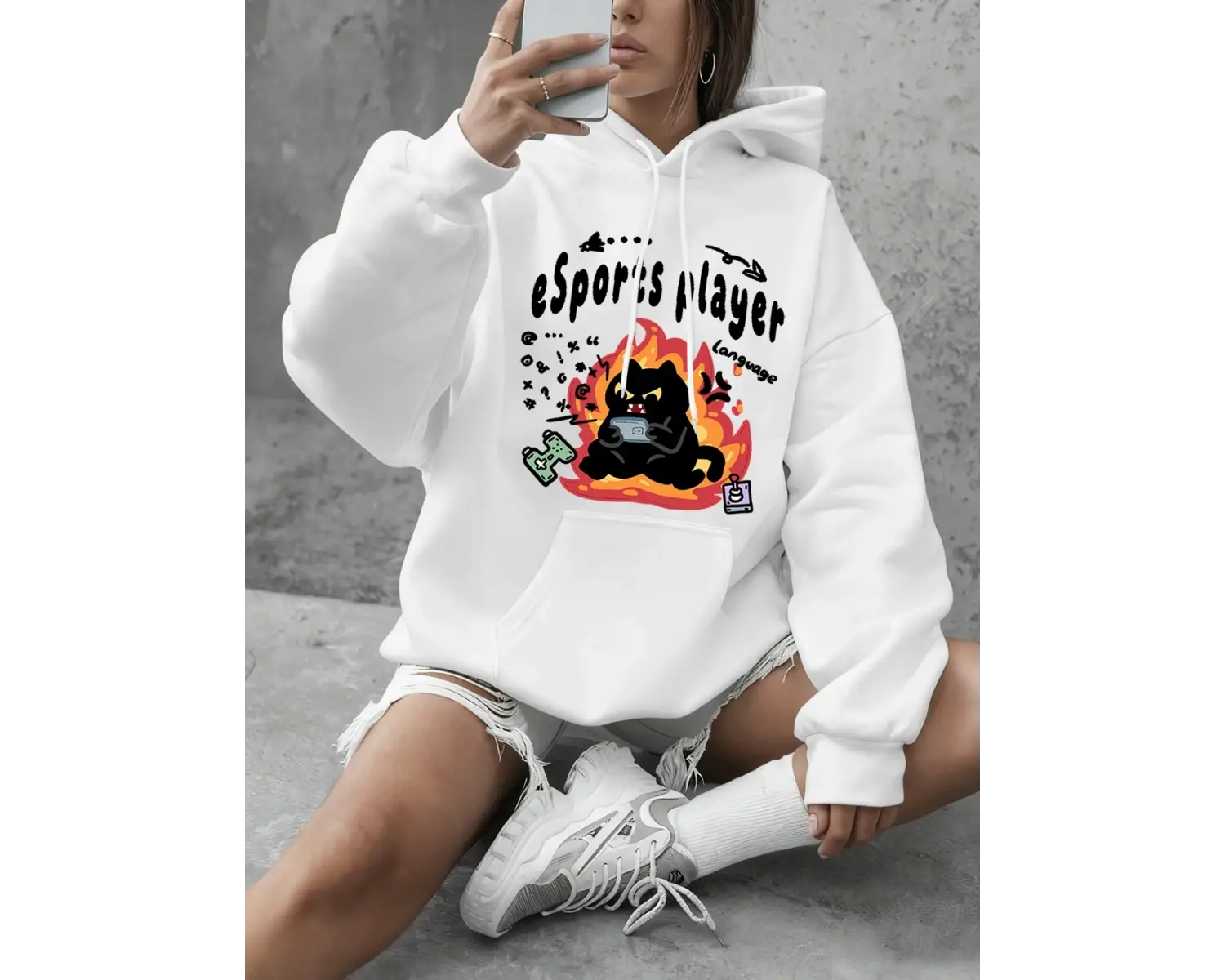 Esports Oyuncu Kedi Baskılı Kapüşonlu Üst Kadın Kışlık Polar Sıcak Sweatshirt Basic Yuvarlak