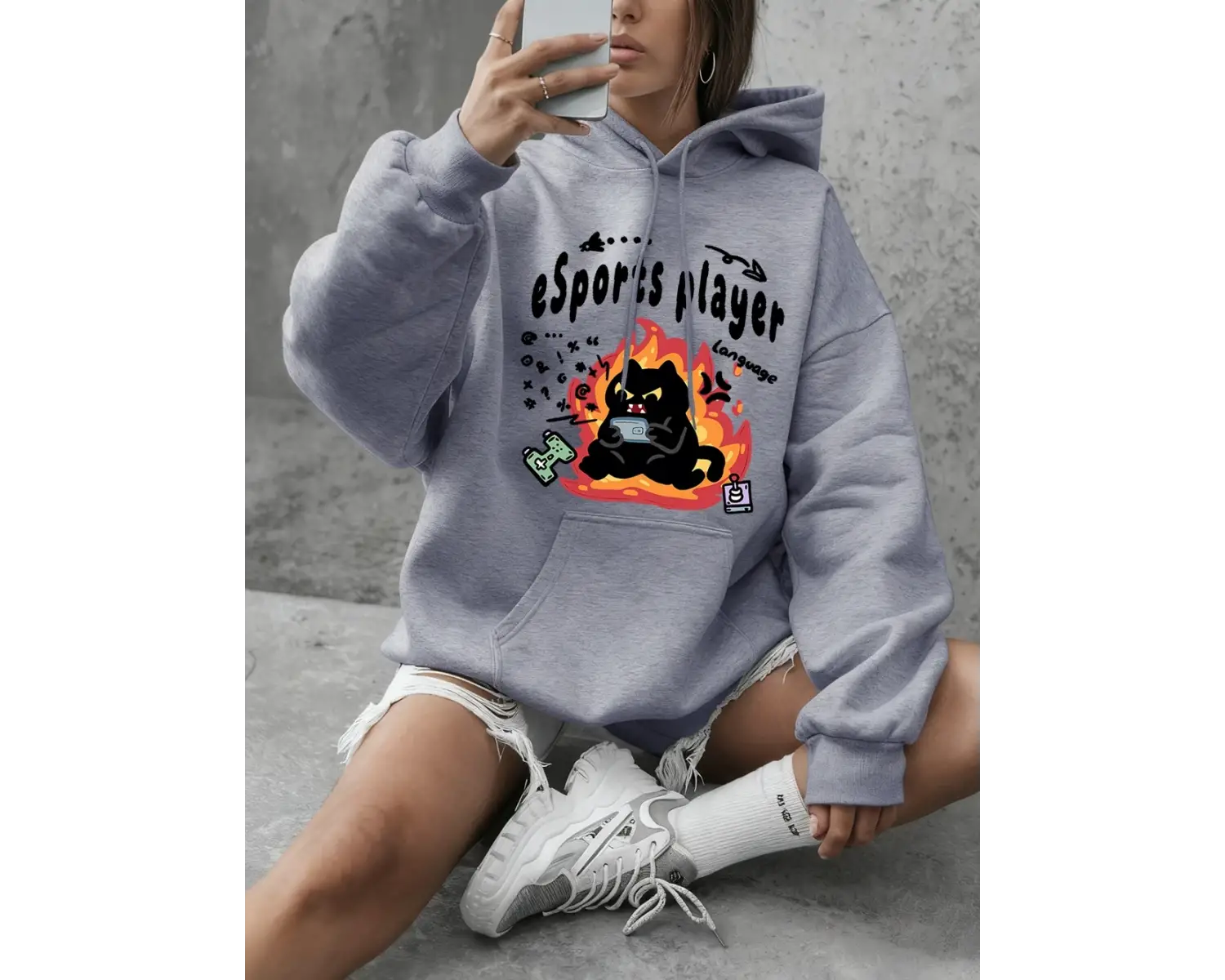 Esports Oyuncu Kedi Baskılı Kapüşonlu Üst Kadın Kışlık Polar Sıcak Sweatshirt Basic Yuvarlak