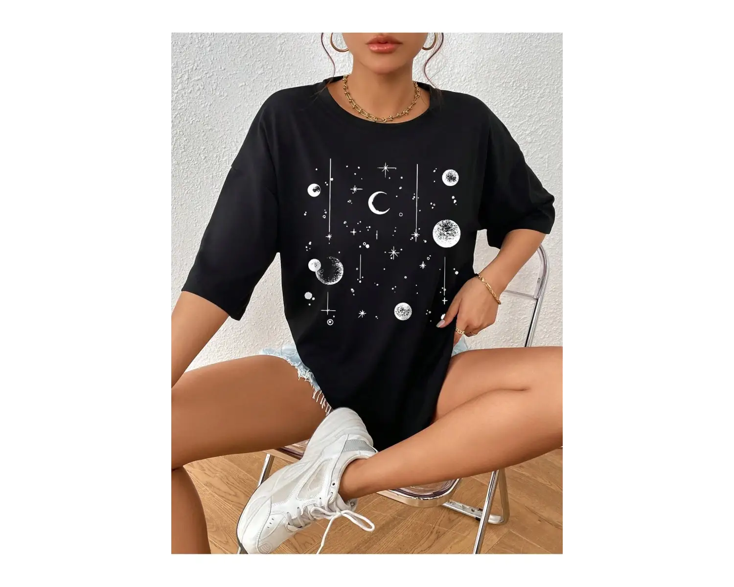 Essnce Ay Desenli Damla Omuz Tişört