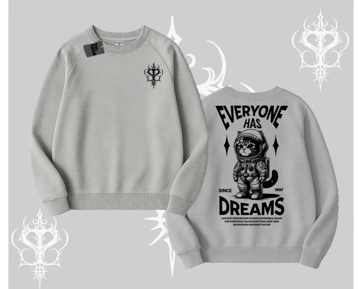 Everyone Has Dreams Yazılı Astronot Kedi Arka Baskılı Biskilet Sweatshirt