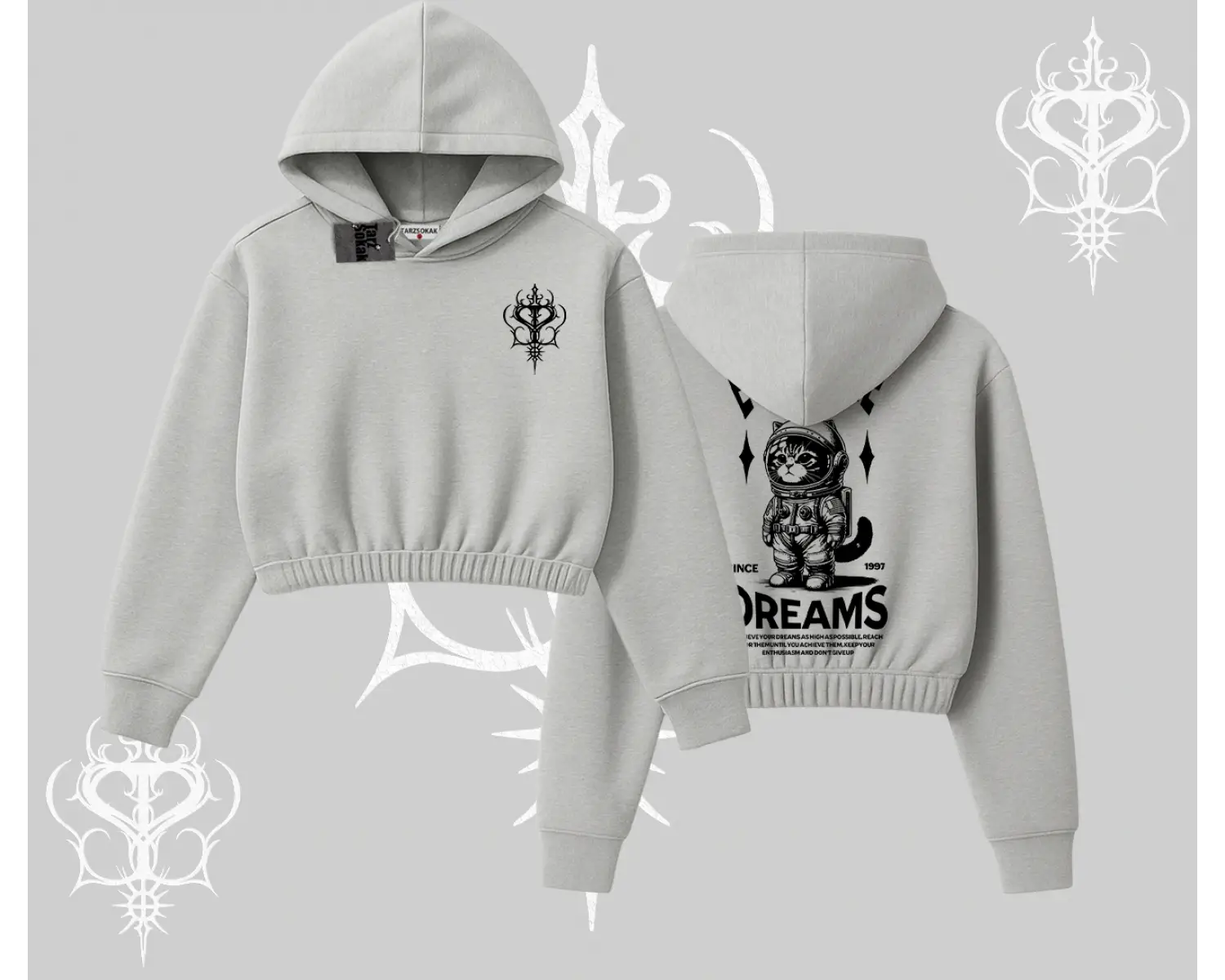 Everyone Has Dreams Yazılı Astronot Kedi Arka Baskılı Kapşonlu Crop Sweatshirt