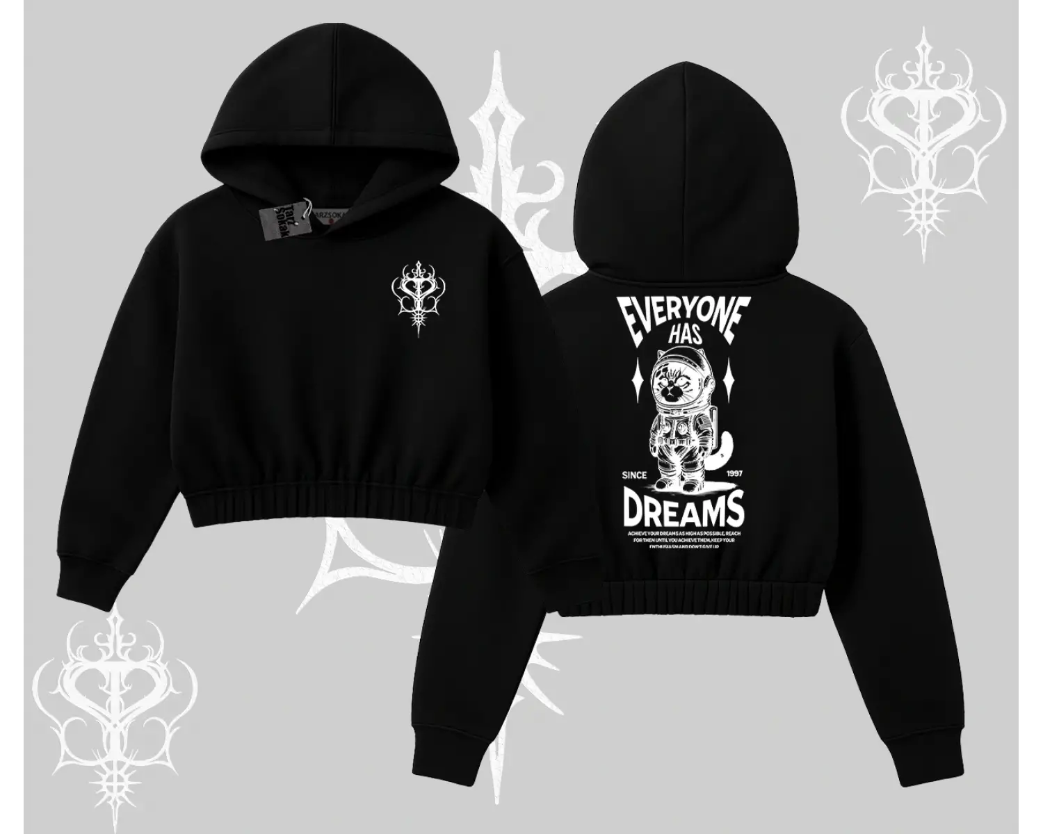 Everyone Has Dreams Yazılı Astronot Kedi Arka Baskılı Kapşonlu Crop Sweatshirt