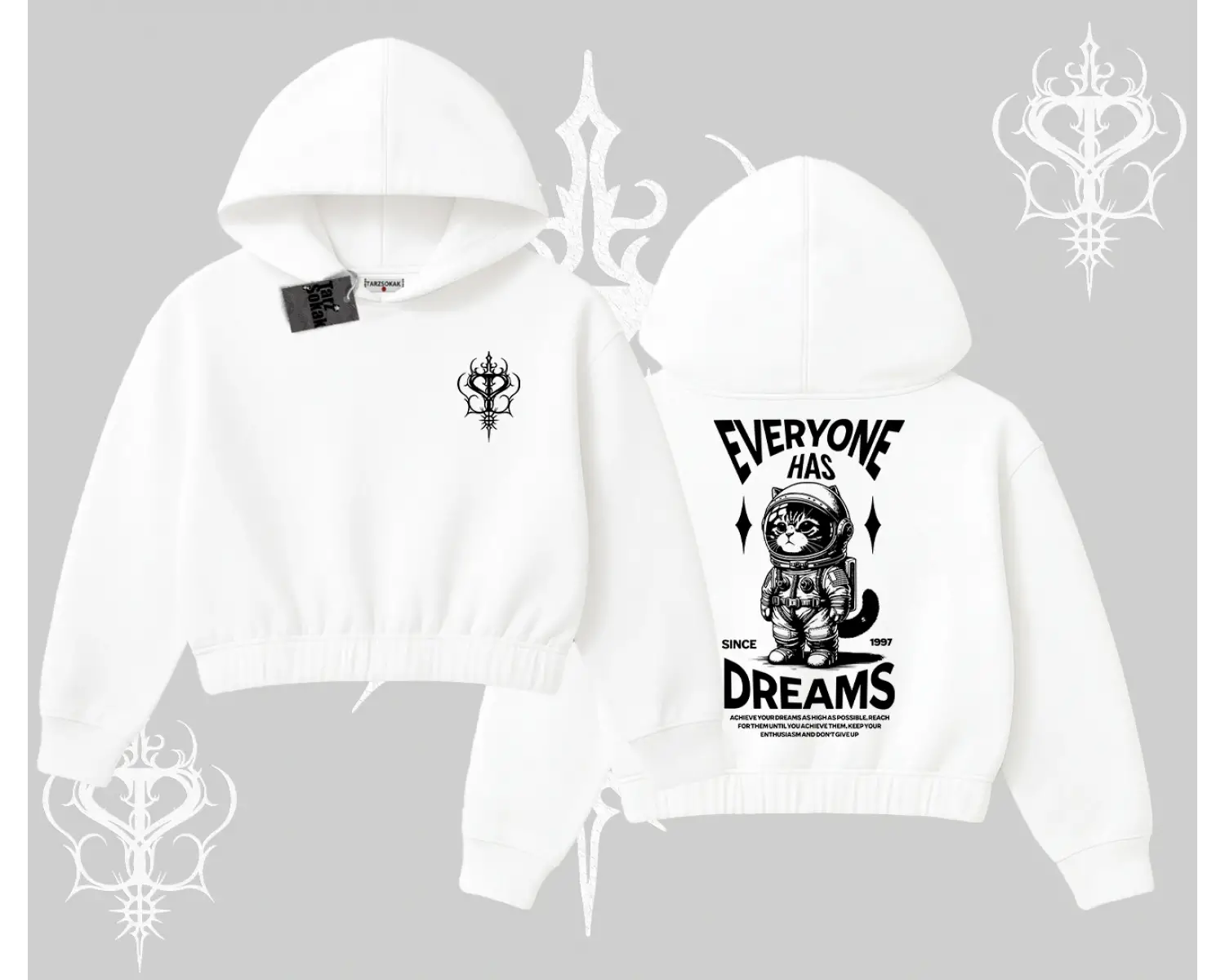 Everyone Has Dreams Yazılı Astronot Kedi Arka Baskılı Kapşonlu Crop Sweatshirt