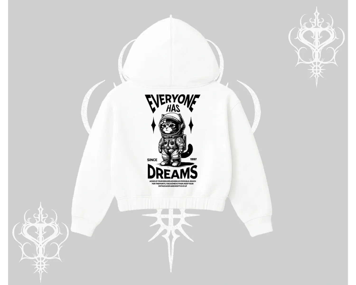 Everyone Has Dreams Yazılı Astronot Kedi Arka Baskılı Kapşonlu Crop Sweatshirt
