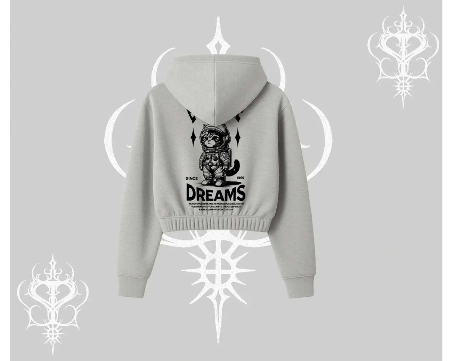 Everyone Has Dreams Yazılı Astronot Kedi Arka Baskılı Kapşonlu Crop Sweatshirt