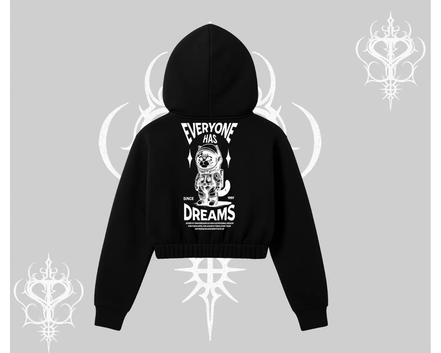 Everyone Has Dreams Yazılı Astronot Kedi Arka Baskılı Kapşonlu Crop Sweatshirt