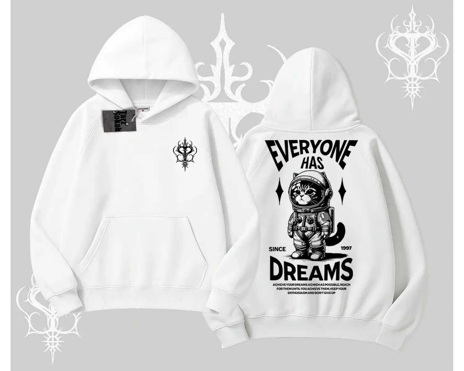 Everyone Has Dreams Yazılı Astronot Kedi Arka Baskılı Kapşonlu Sweatshirt