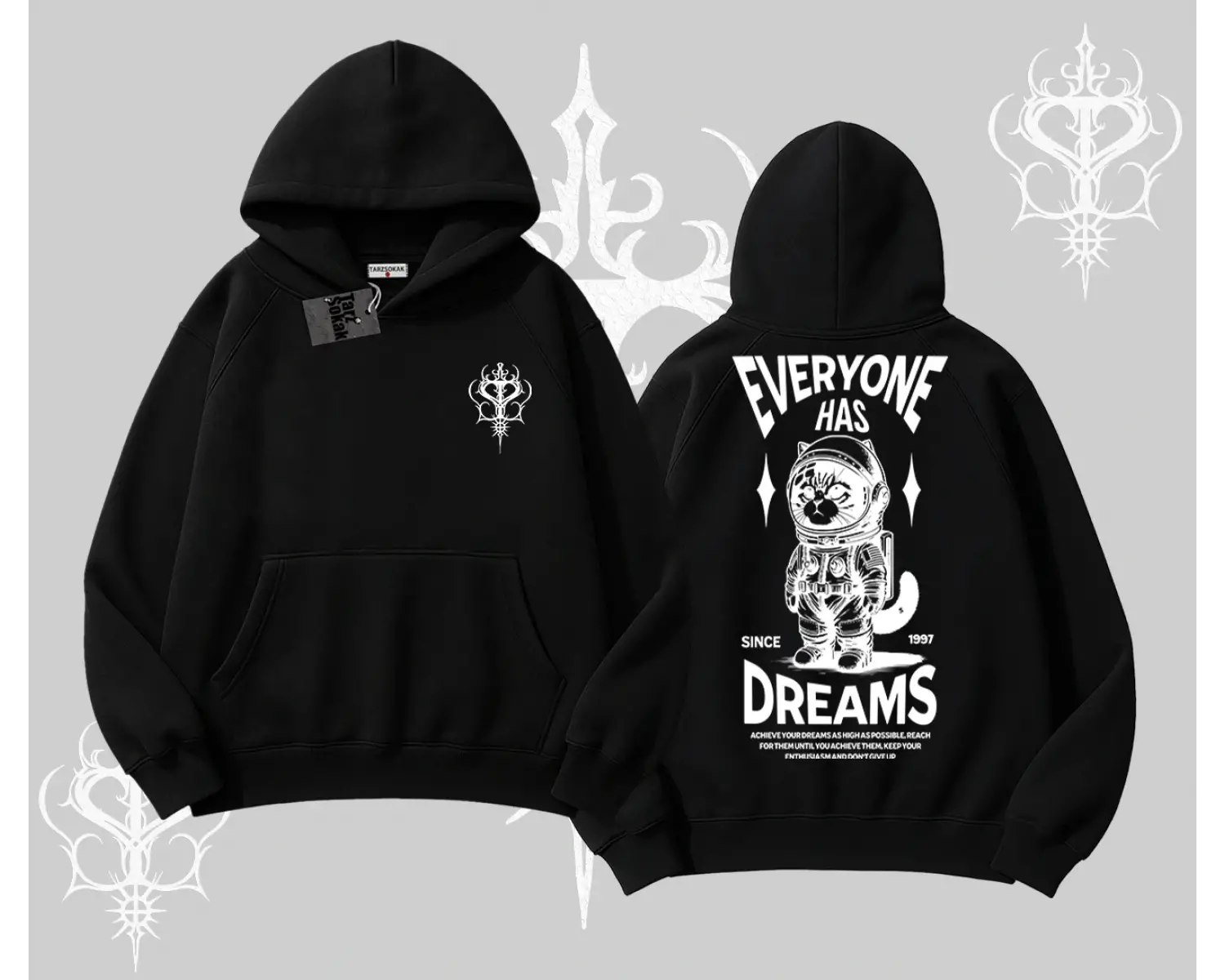 Everyone Has Dreams Yazılı Astronot Kedi Arka Baskılı Kapşonlu Sweatshirt