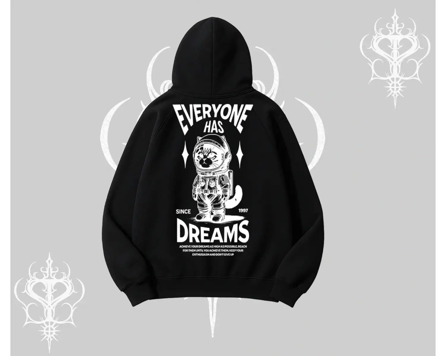 Everyone Has Dreams Yazılı Astronot Kedi Arka Baskılı Kapşonlu Sweatshirt