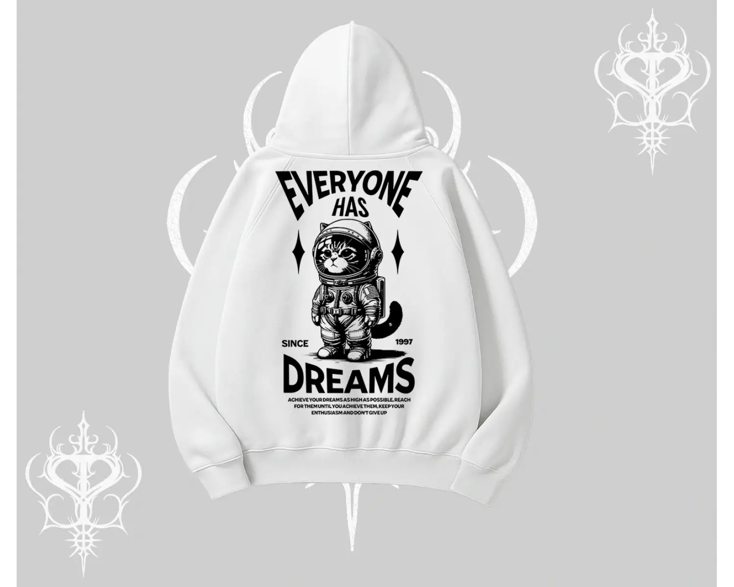 Everyone Has Dreams Yazılı Astronot Kedi Arka Baskılı Kapşonlu Sweatshirt