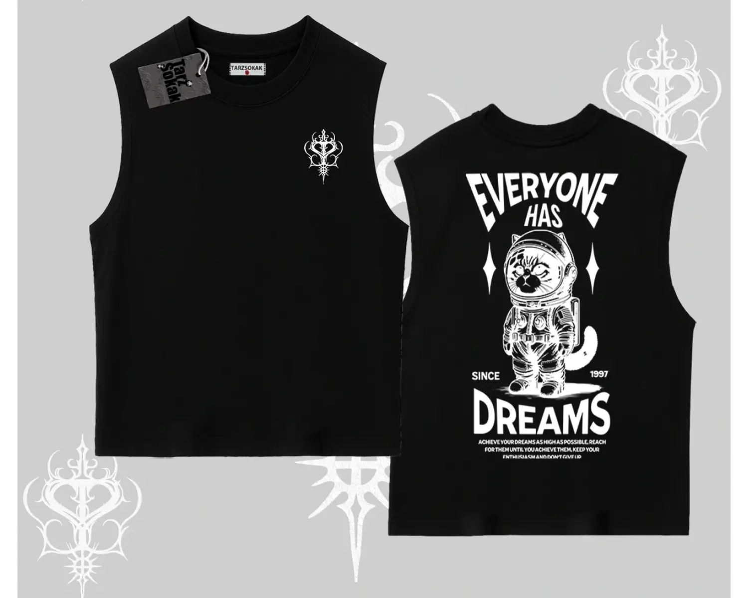 Everyone Has Dreams Yazılı Astronot Kedi Arka Baskılı Kolsuz Tshirt