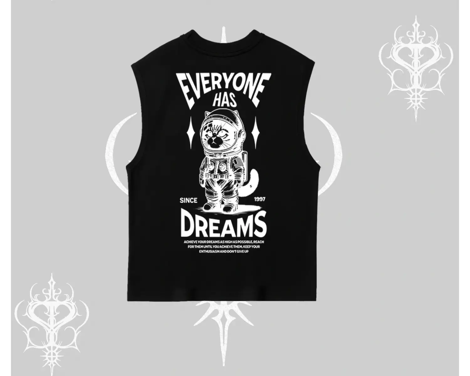 Everyone Has Dreams Yazılı Astronot Kedi Arka Baskılı Kolsuz Tshirt