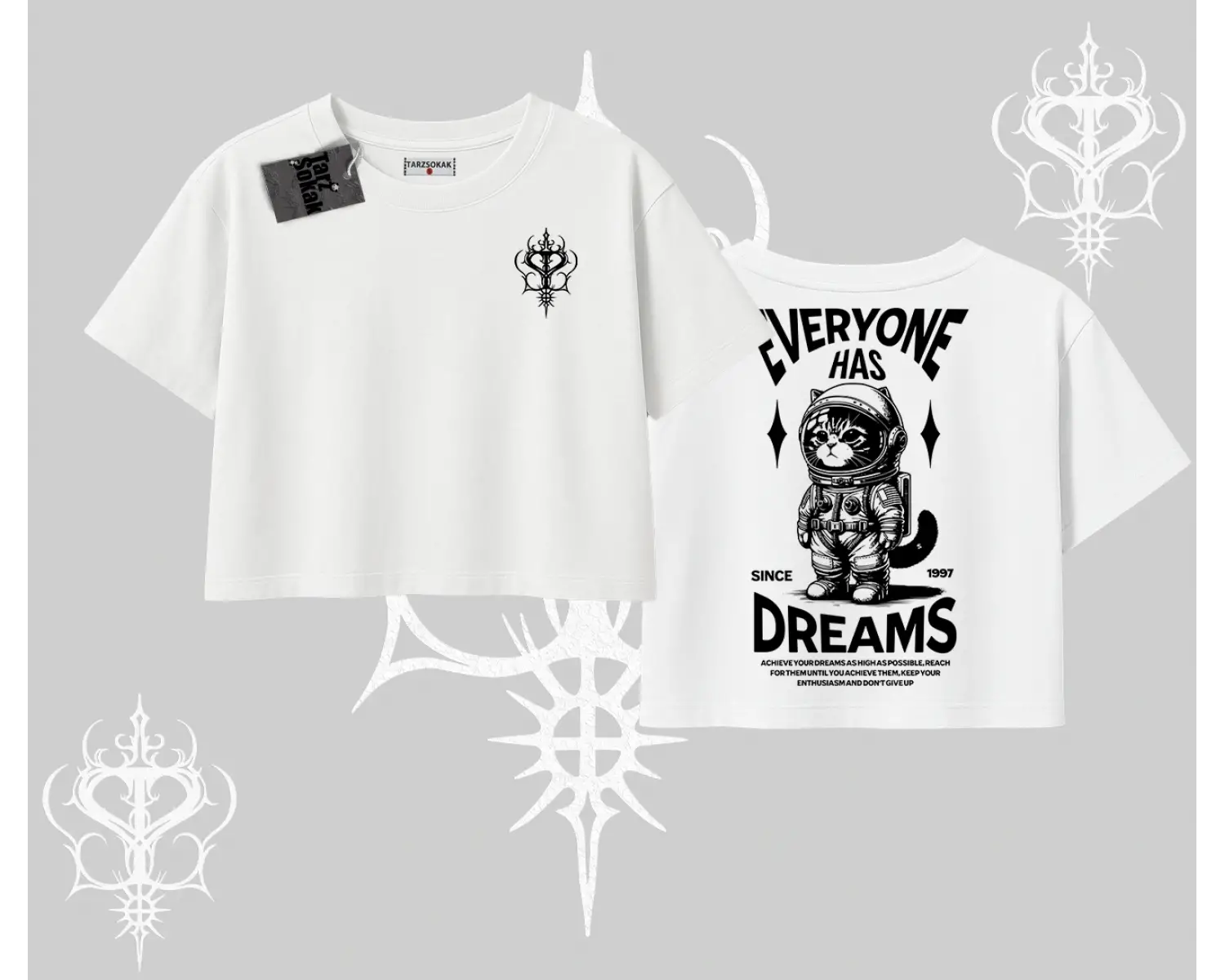 Everyone Has Dreams Yazılı Astronot Kedi Arka Baskılı Oversize Crop Tshirt