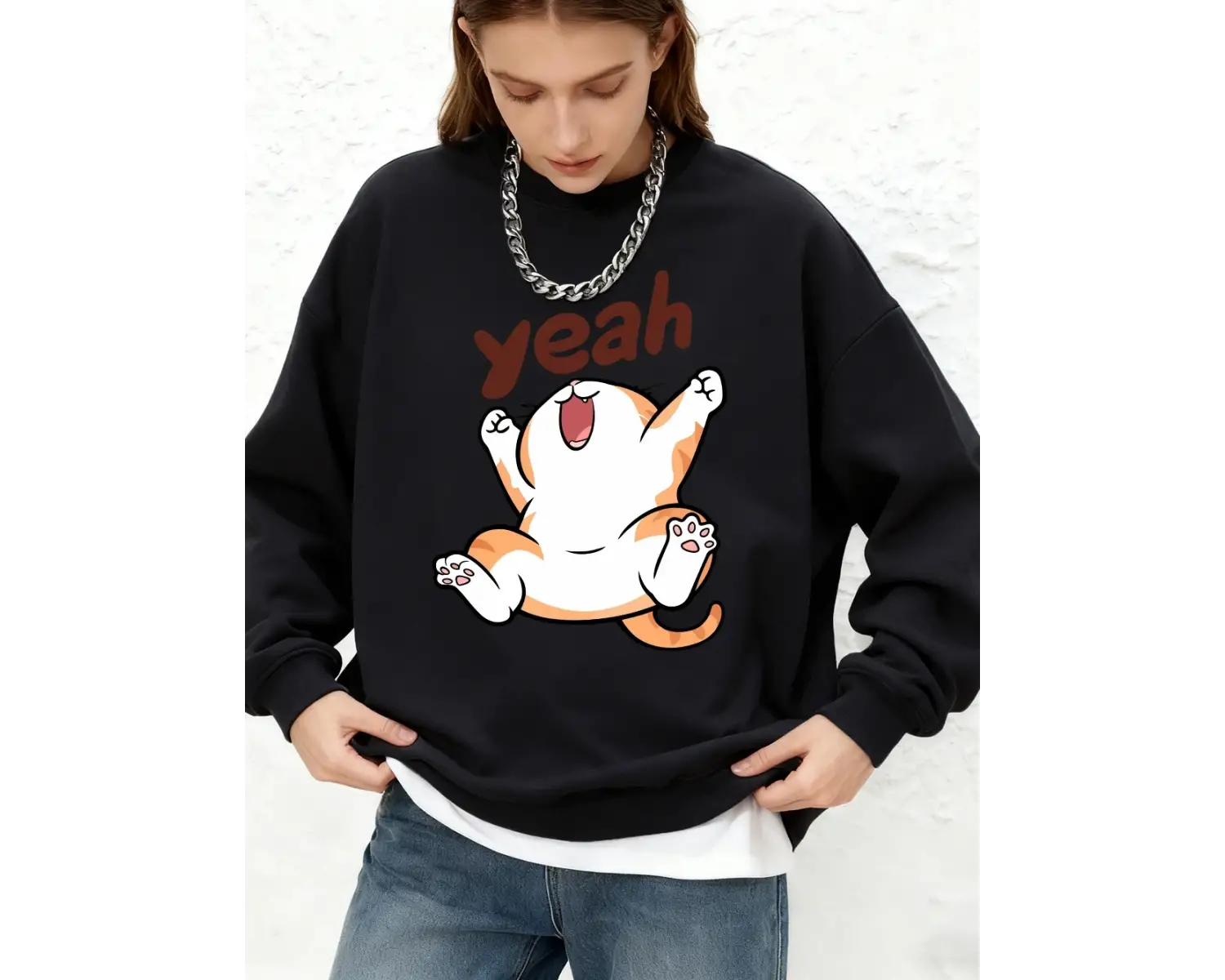 Evet Mutlu Karikatür Kedi Baskılı Kapüşonlu Üstler Kadınlar İçin Kışlık Büyük Beden Jogger Sw