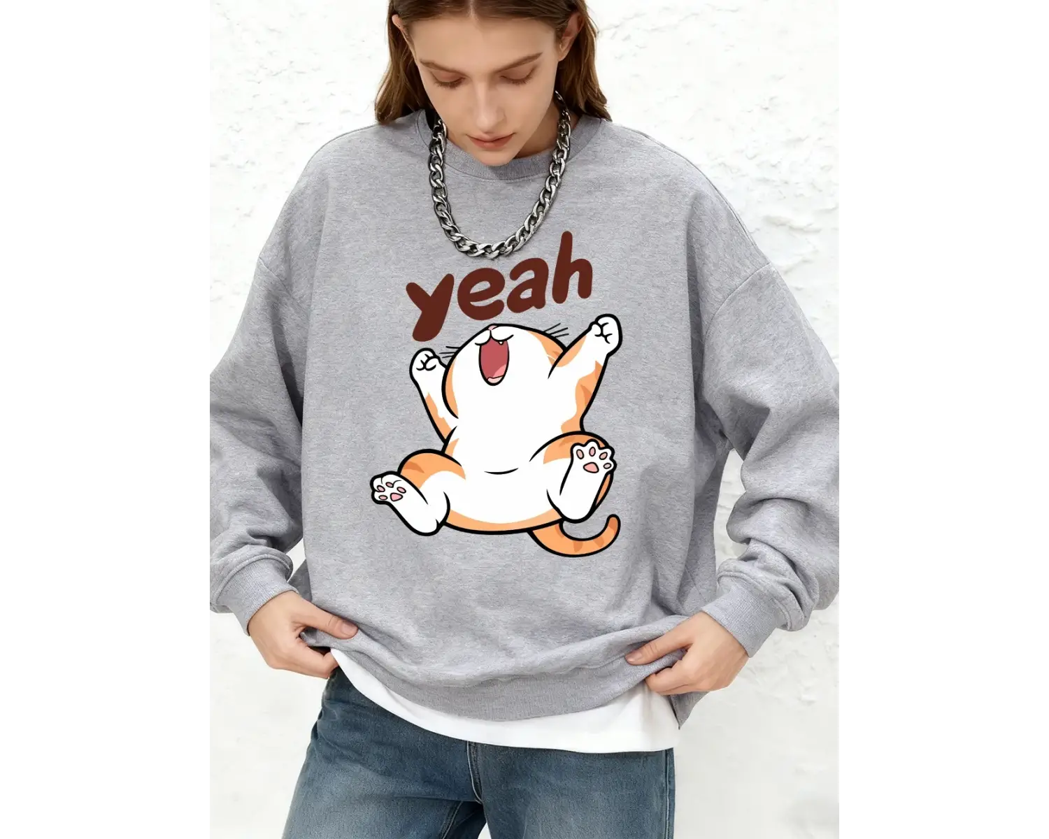 Evet Mutlu Karikatür Kedi Baskılı Kapüşonlu Üstler Kadınlar İçin Kışlık Büyük Beden Jogger Sw