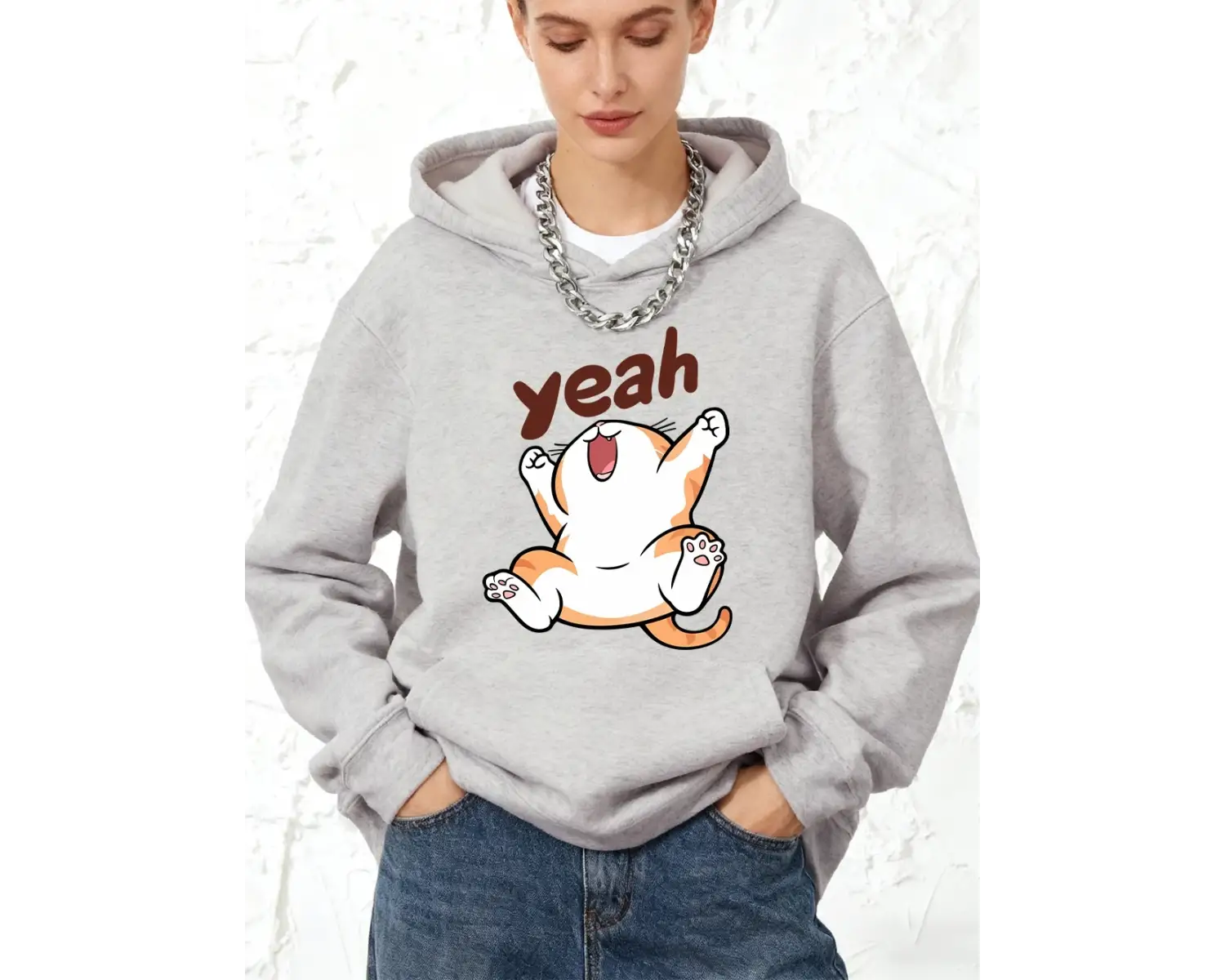 Evet Mutlu Karikatür Kedi Baskılı Pamuklu Kapüşonlu Üstler Kadın Spor Bol Sweatshirtler Kışlı