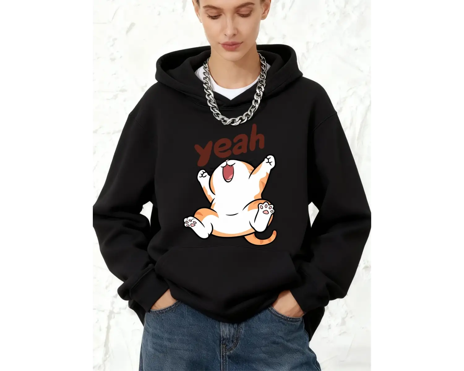 Evet Mutlu Karikatür Kedi Baskılı Pamuklu Kapüşonlu Üstler Kadın Spor Bol Sweatshirtler Kışlı