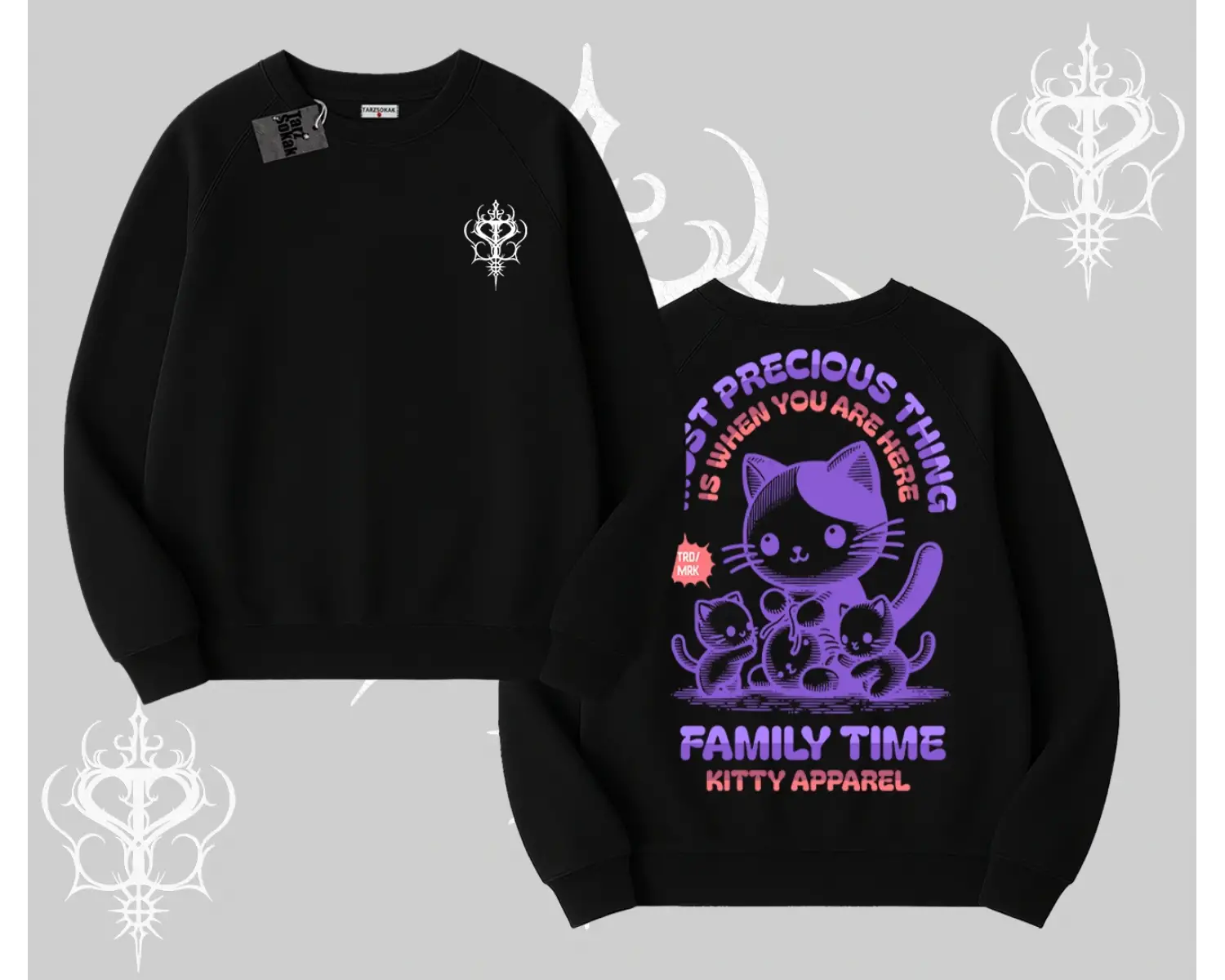 Family Time Yazılı Sevimli Anne Kedi Arka Baskılı Biskilet Sweatshirt