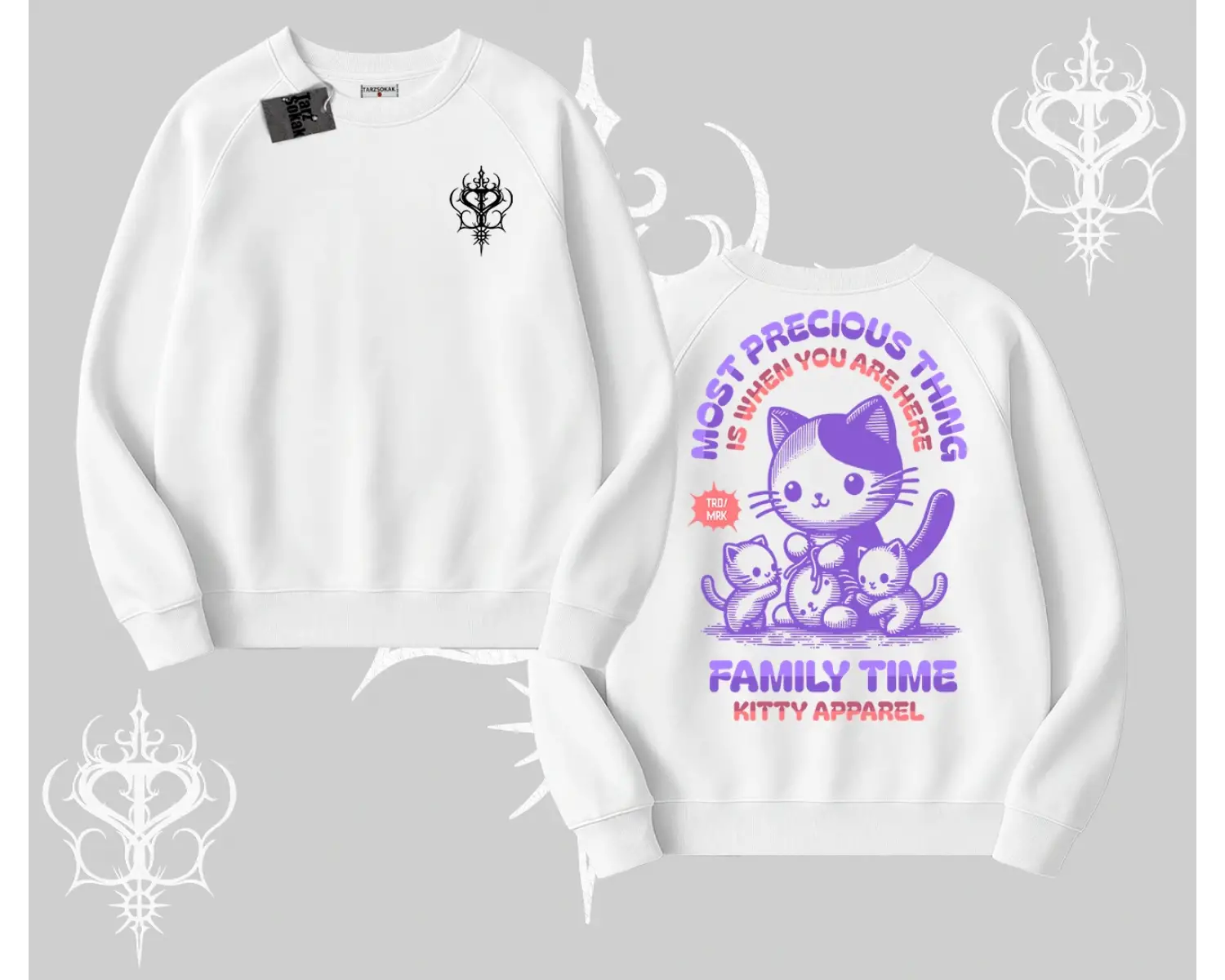 Family Time Yazılı Sevimli Anne Kedi Arka Baskılı Biskilet Sweatshirt