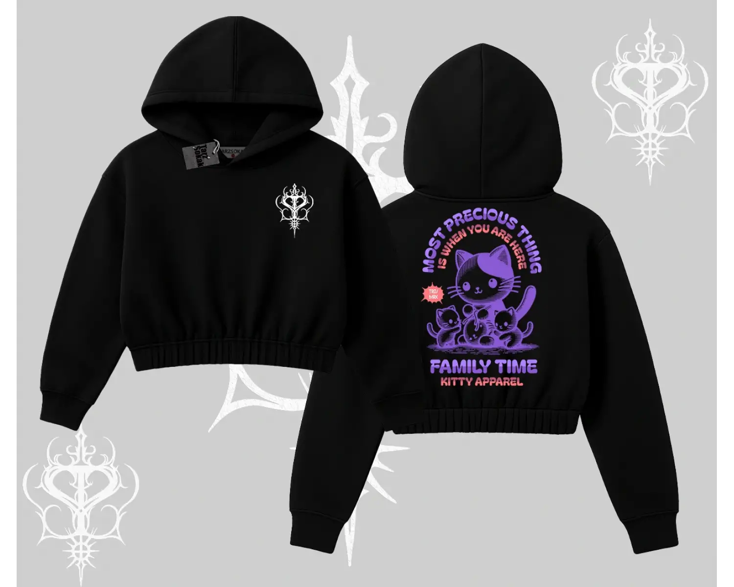 Family Time Yazılı Sevimli Anne Kedi Arka Baskılı Kapşonlu Crop Sweatshirt