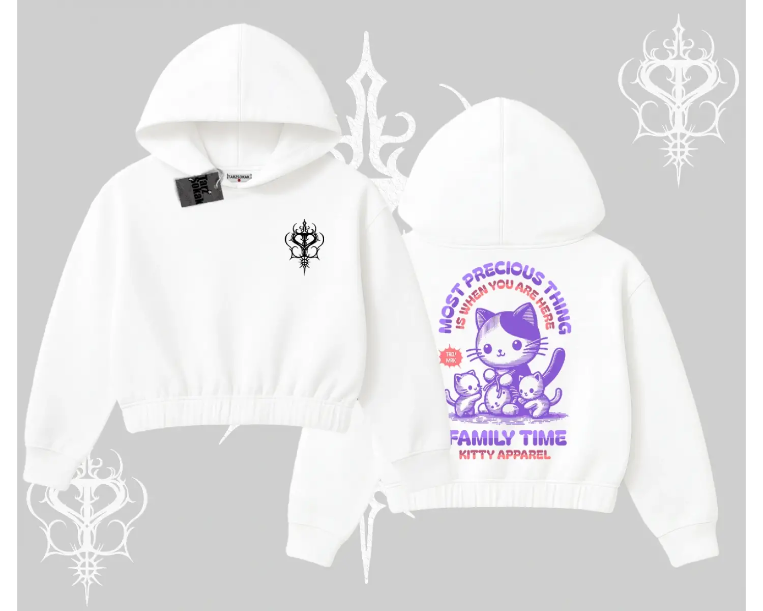 Family Time Yazılı Sevimli Anne Kedi Arka Baskılı Kapşonlu Crop Sweatshirt