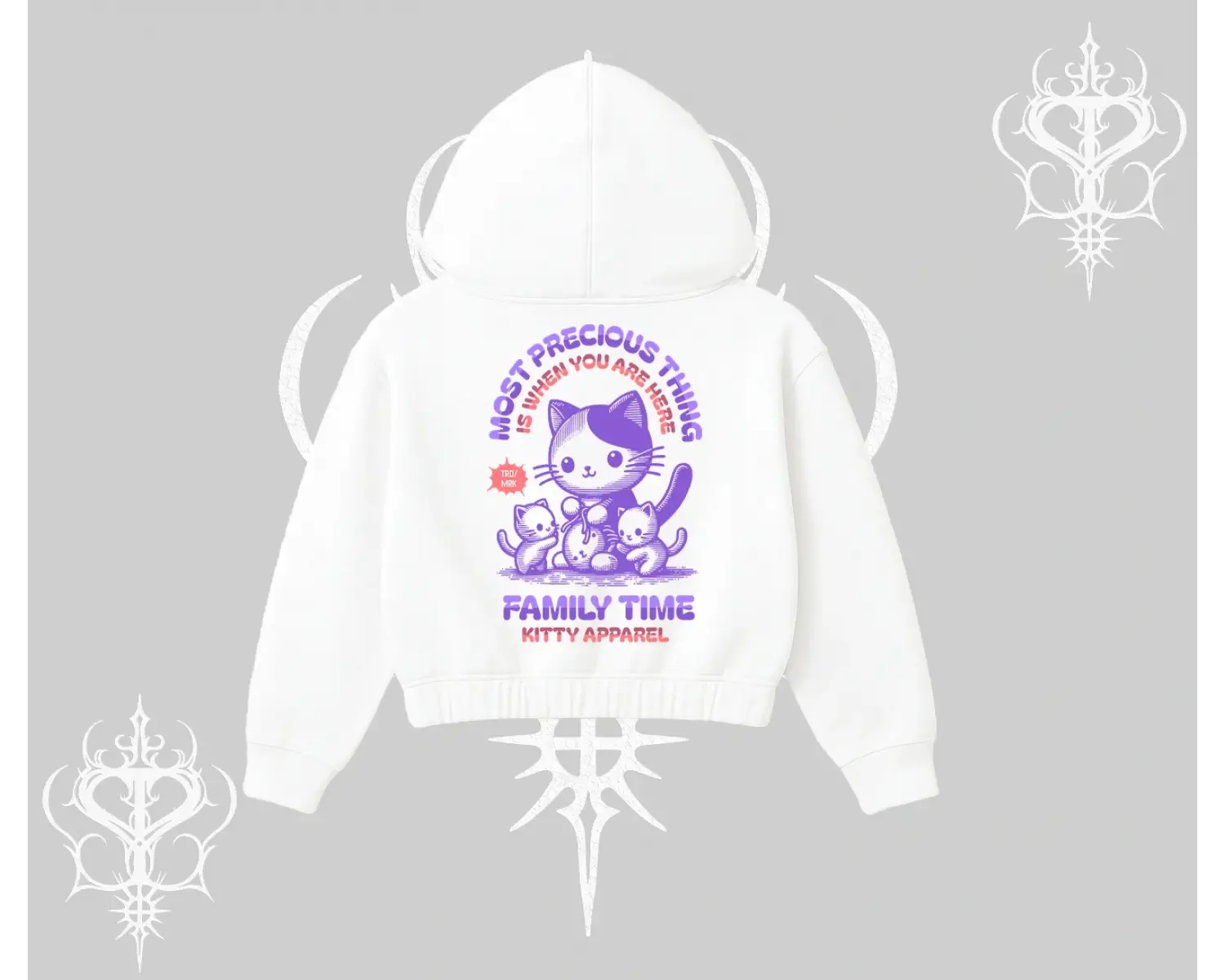 Family Time Yazılı Sevimli Anne Kedi Arka Baskılı Kapşonlu Crop Sweatshirt