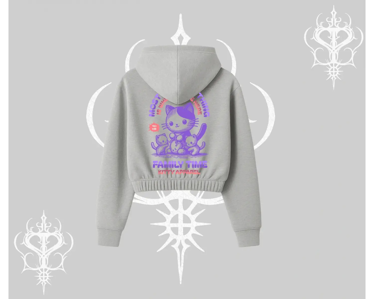 Family Time Yazılı Sevimli Anne Kedi Arka Baskılı Kapşonlu Crop Sweatshirt