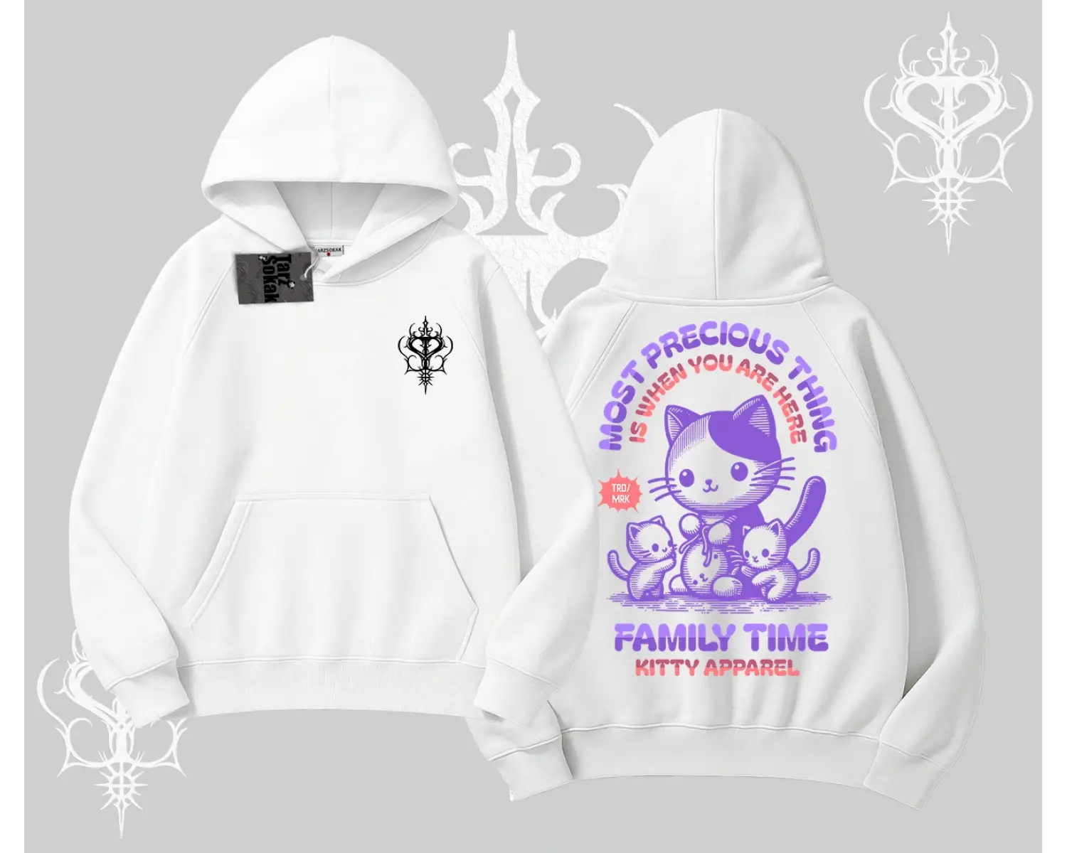 Family Time Yazılı Sevimli Anne Kedi Arka Baskılı Kapşonlu Sweatshirt