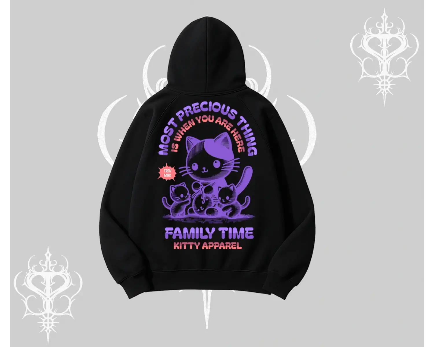 Family Time Yazılı Sevimli Anne Kedi Arka Baskılı Kapşonlu Sweatshirt