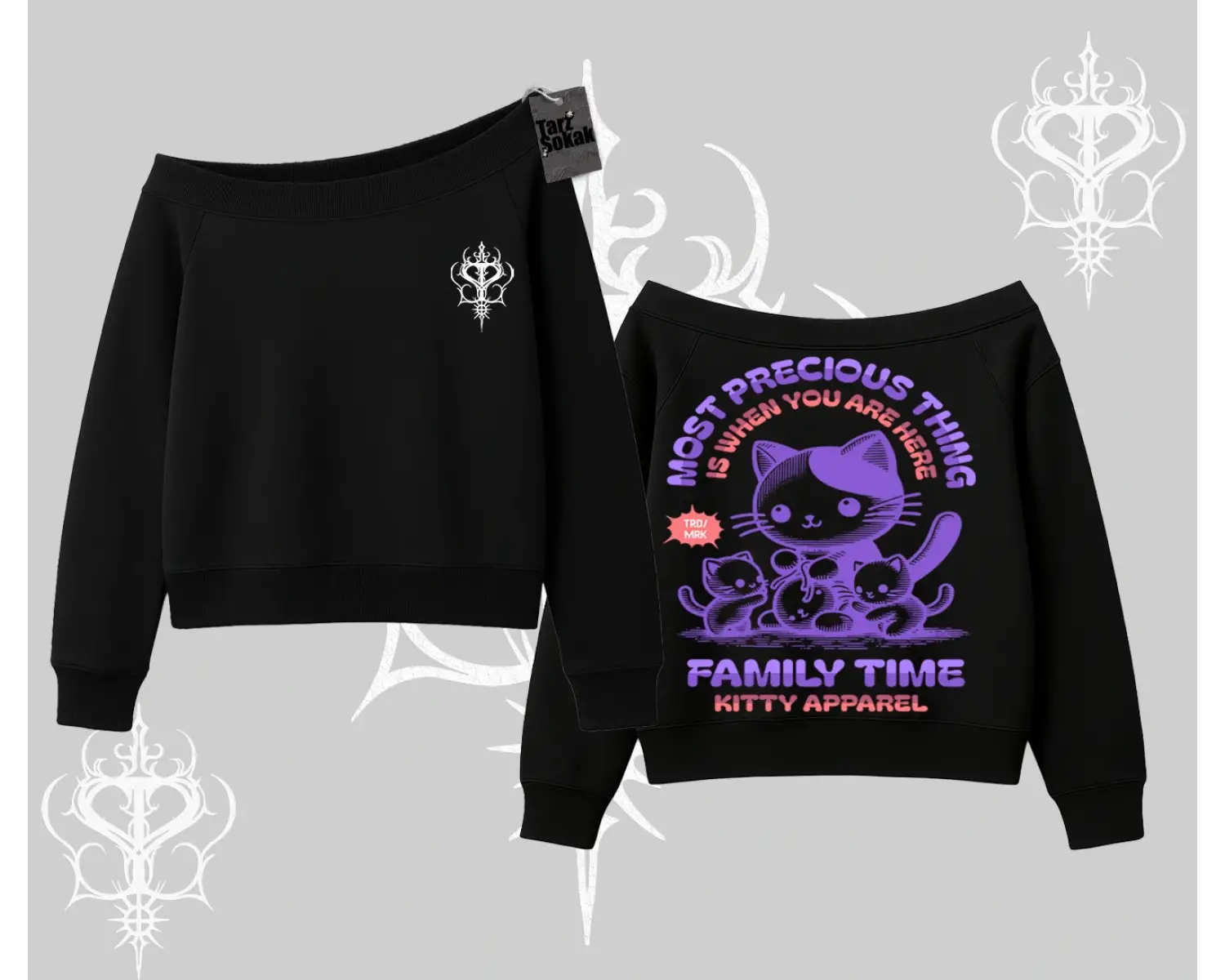 Family Time Yazılı Sevimli Anne Kedi Arka Baskılı Kayık Yaka Sweatshirt