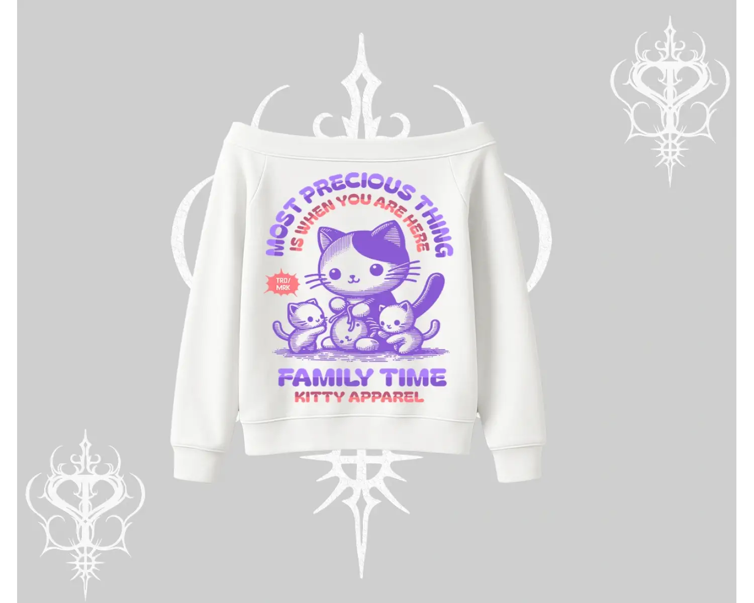 Family Time Yazılı Sevimli Anne Kedi Arka Baskılı Kayık Yaka Sweatshirt