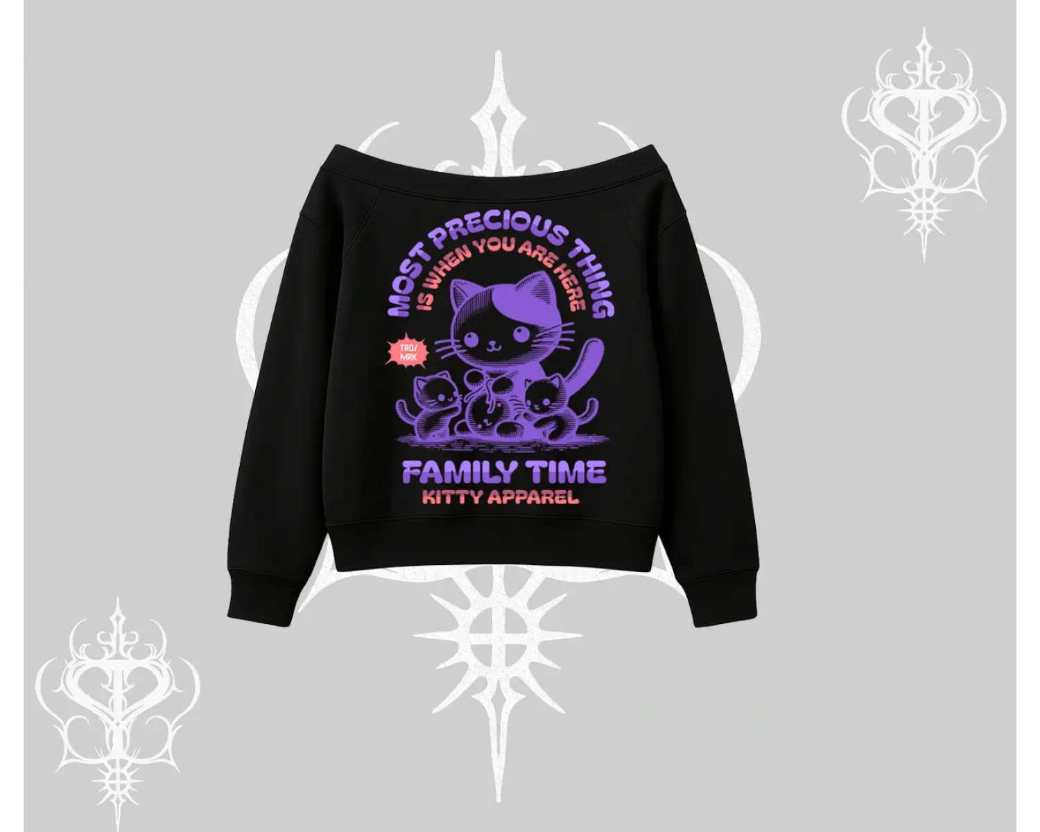 Family Time Yazılı Sevimli Anne Kedi Arka Baskılı Kayık Yaka Sweatshirt