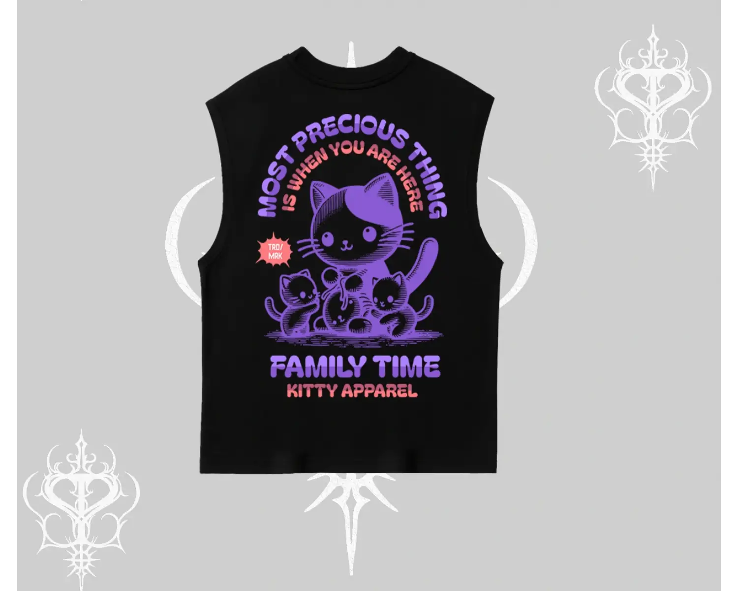 Family Time Yazılı Sevimli Anne Kedi Arka Baskılı Kolsuz Tshirt
