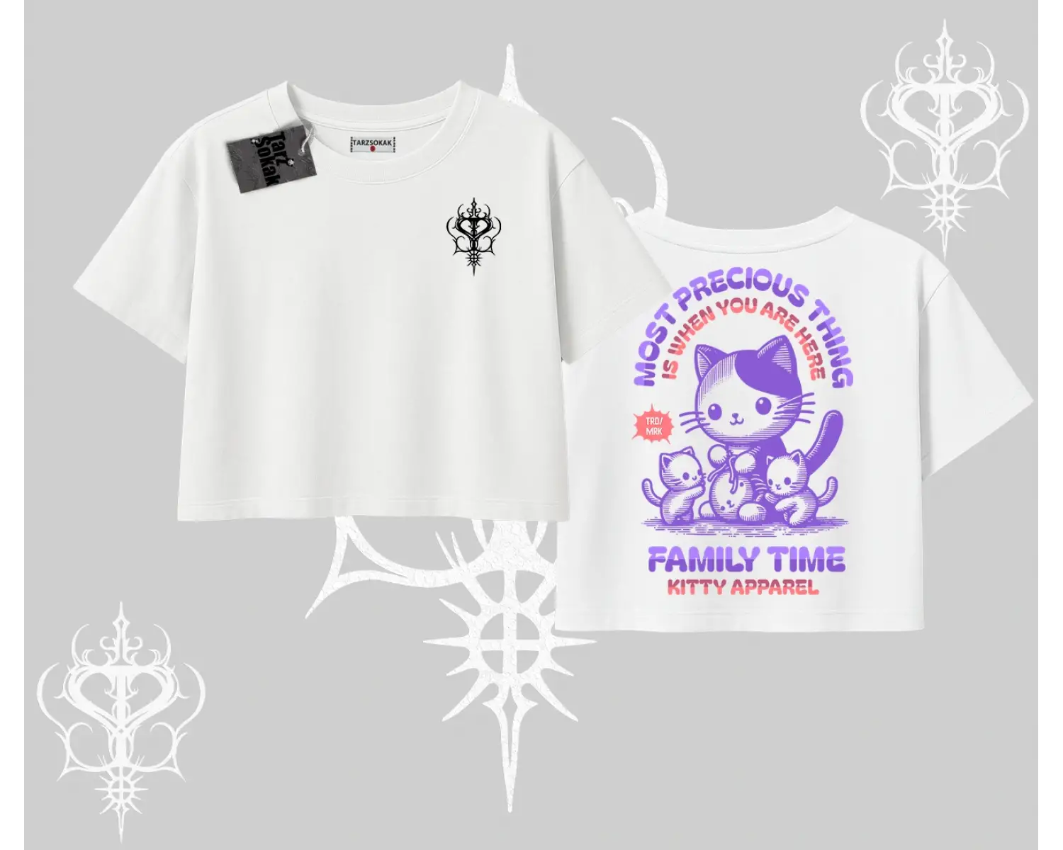 Family Time Yazılı Sevimli Anne Kedi Arka Baskılı Oversize Crop Tshirt