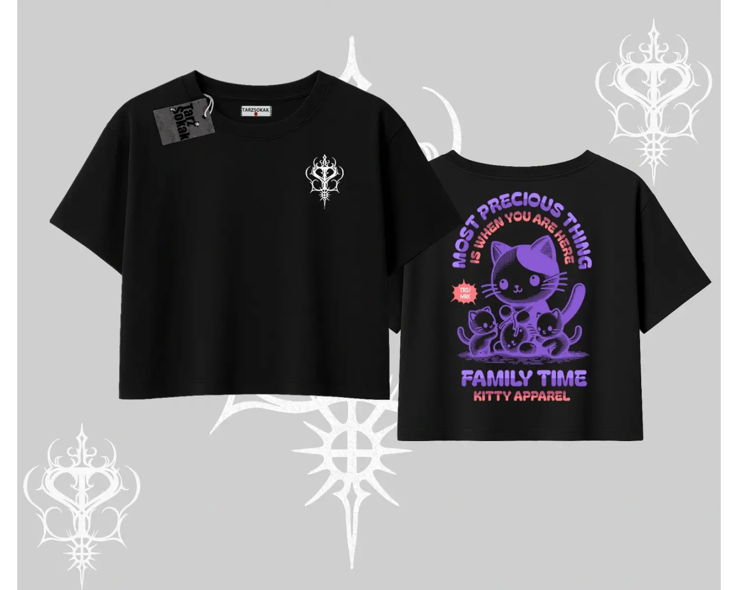 Family Time Yazılı Sevimli Anne Kedi Arka Baskılı Oversize Crop Tshirt