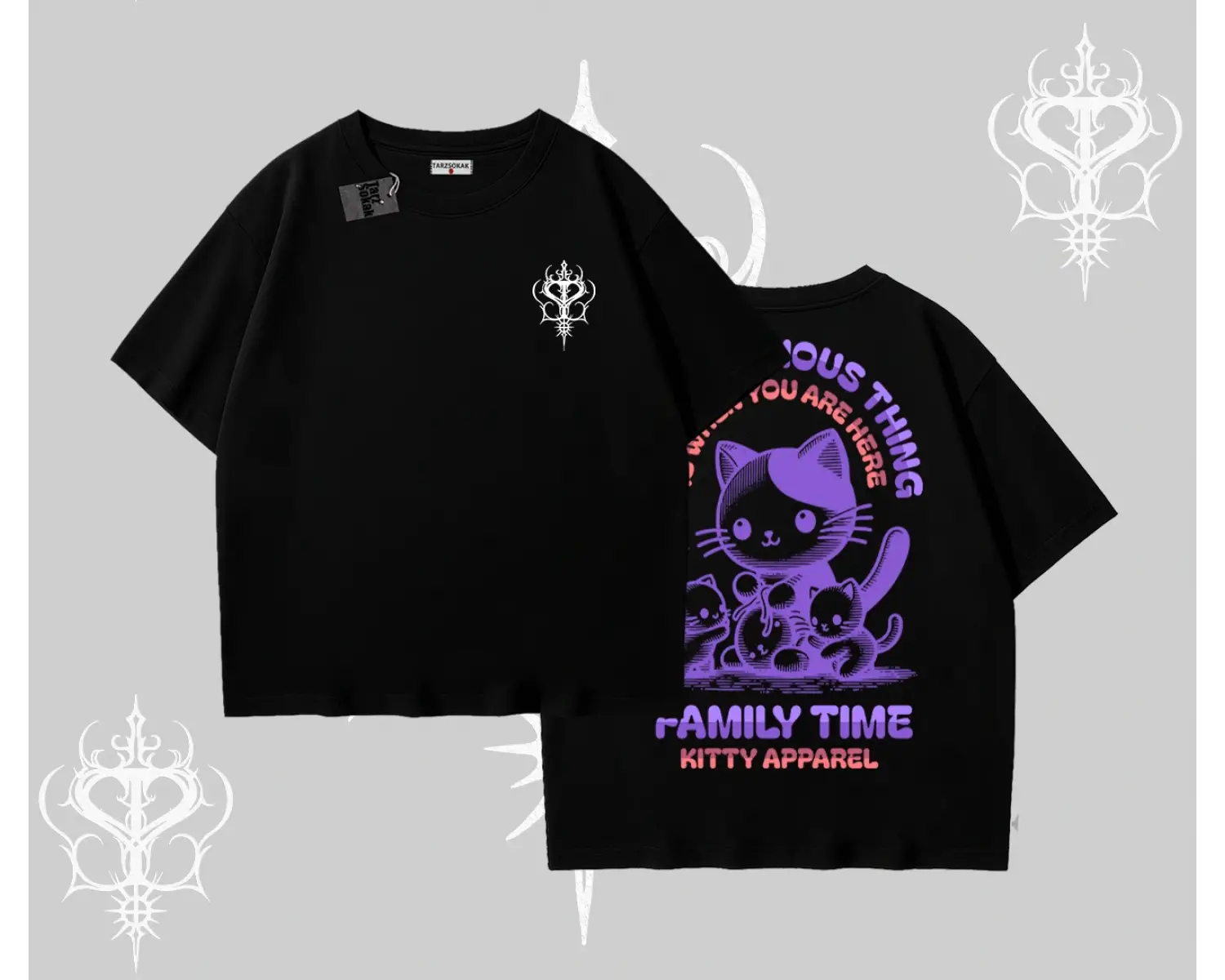 Family Time Yazılı Sevimli Anne Kedi Arka Baskılı Oversize Tshirt