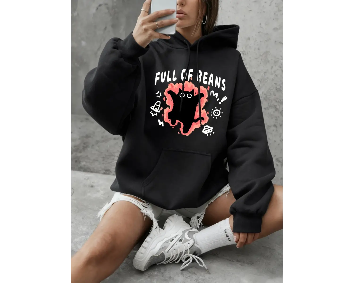 Fasulye dolu kedi baskılar tişörtü kadın temelleri bisiklet yaka kapüşonlular rahat gevşek ka