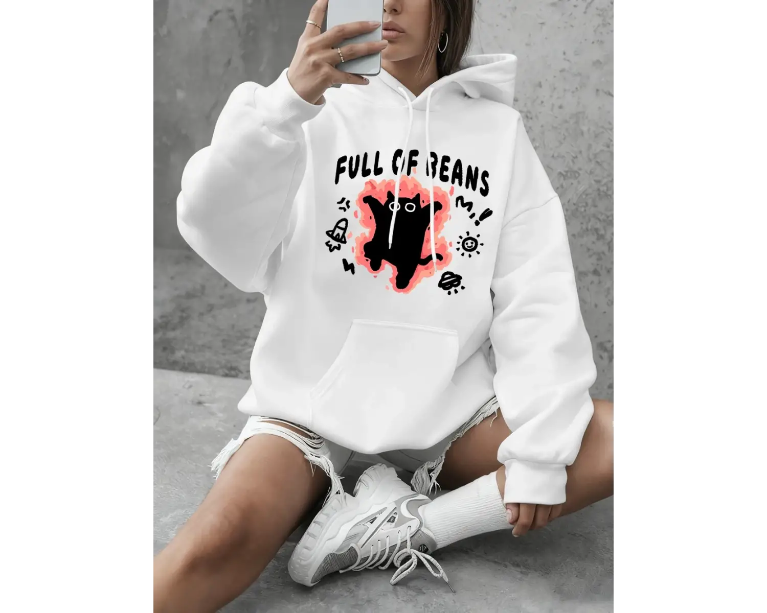 Fasulye dolu kedi baskılar tişörtü kadın temelleri bisiklet yaka kapüşonlular rahat gevşek ka