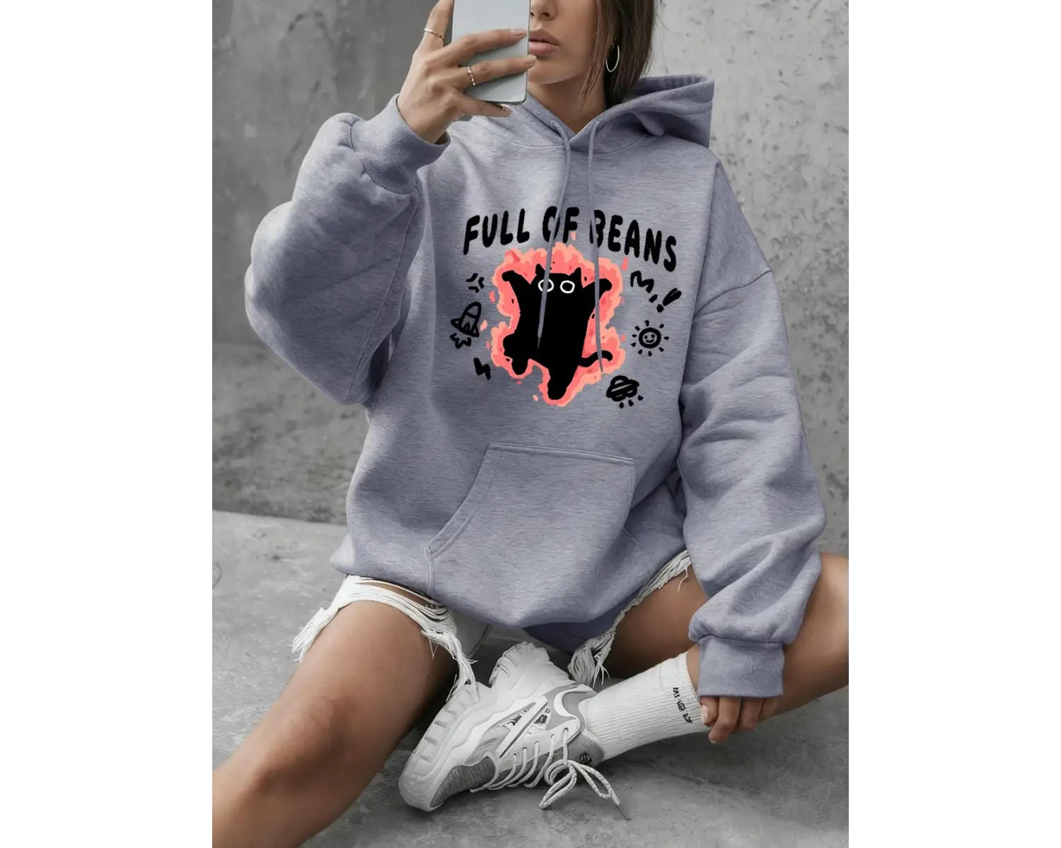 Fasulye dolu kedi baskılar tişörtü kadın temelleri bisiklet yaka kapüşonlular rahat gevşek ka